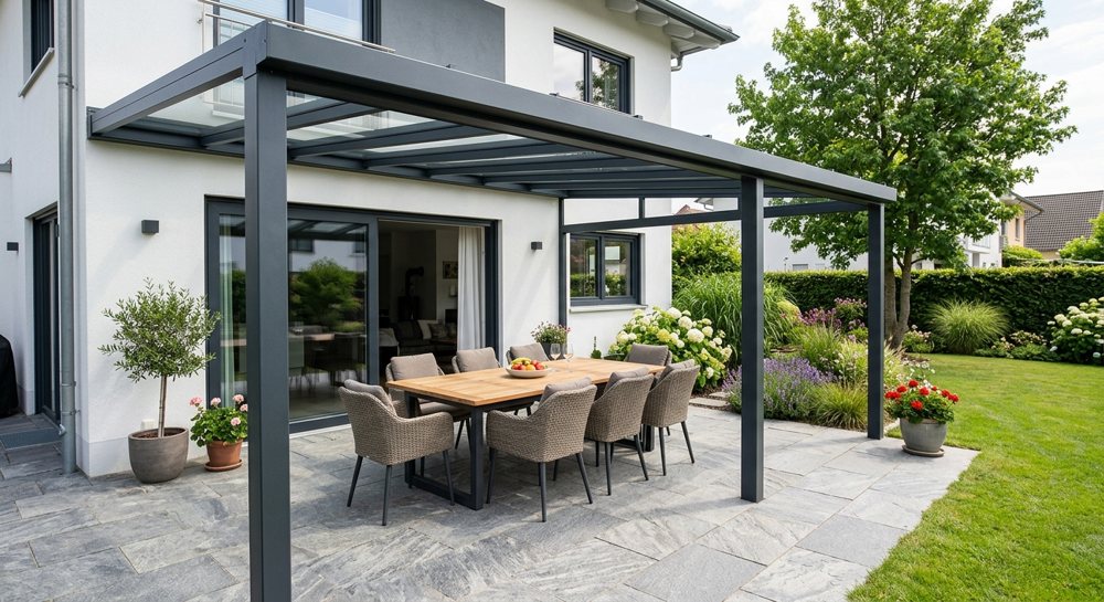 Montierte Aluminium-Terrassenüberdachung mit Glasdach in Hanau