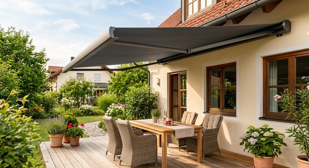 Montierte Markise als Sonnenschutz auf einer Terrasse in Hanau